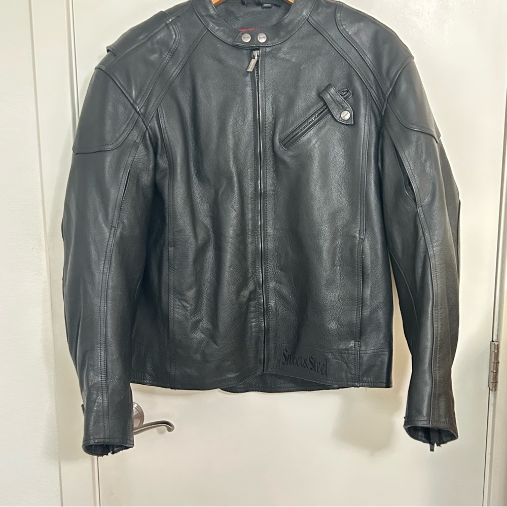 Mens Streets Of Steel Black GenuineLeather 
Motorcycle Jacket Ride The Life Sz:L